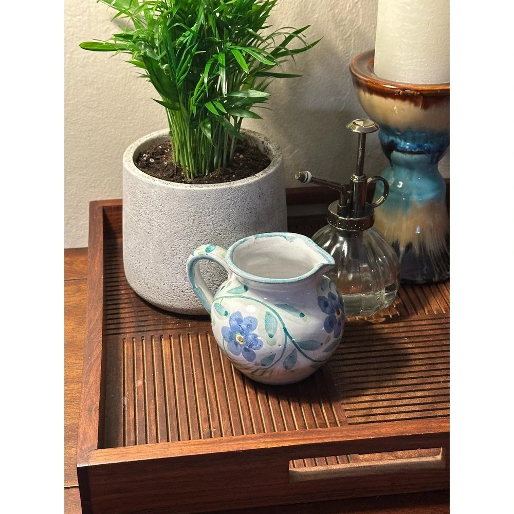 Hand Painted Blue Floral Portuguese Pottery Small Pitcher Creamer